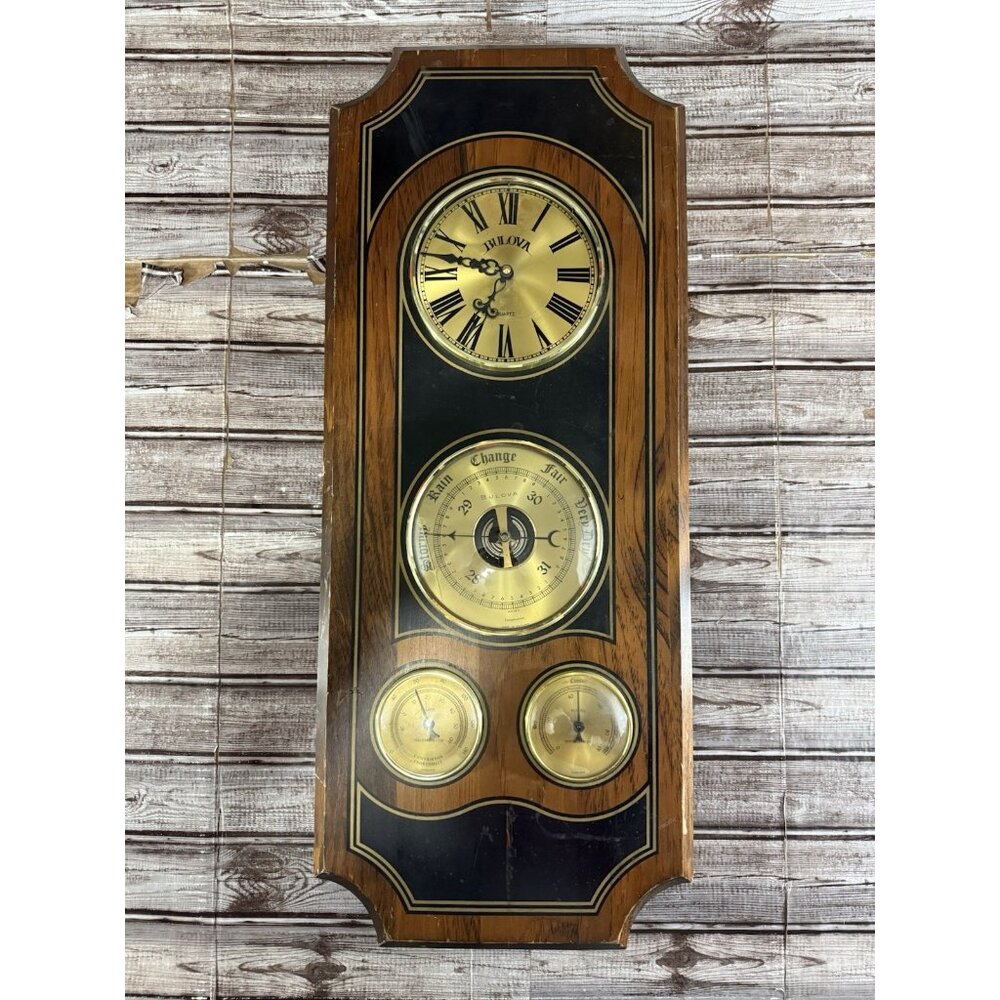 Bulova Weather Station Clock Barometer Thermometer 11x28” VTG  parts only